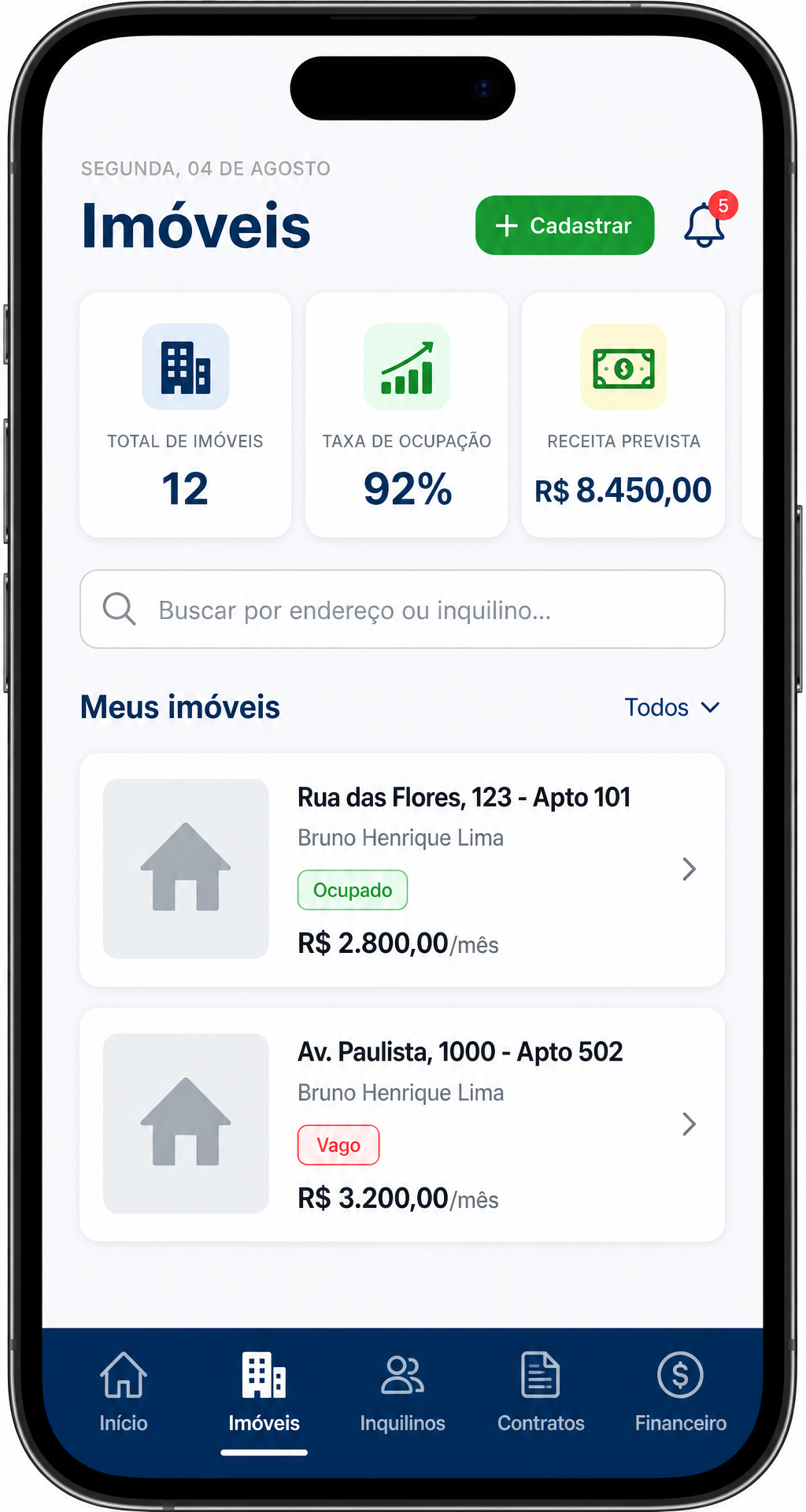 Tela Imóveis do aplicativo AlugaDinn